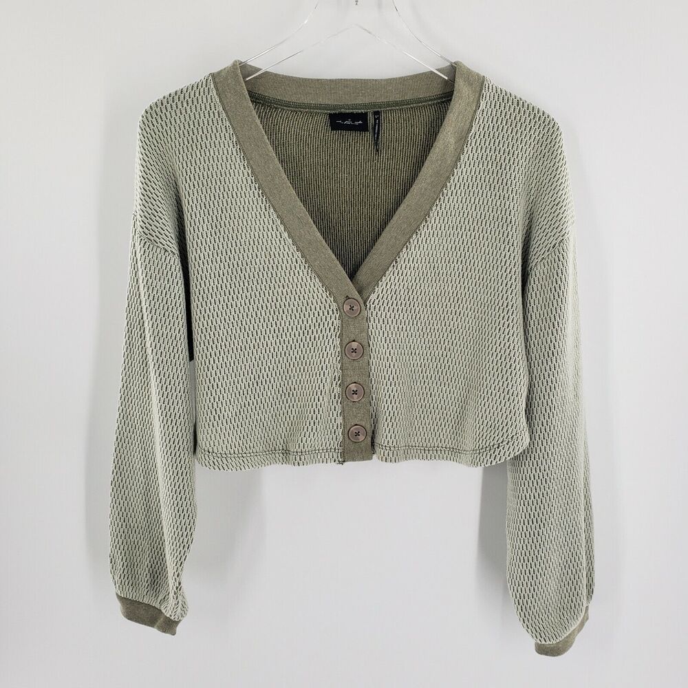 Out From Under Crop Cardigan Womens Small Green Long Sleeve V Neck Button Up